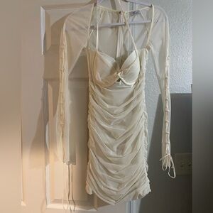 Oh Polly Cream Ruched Bodycon Mini Dress